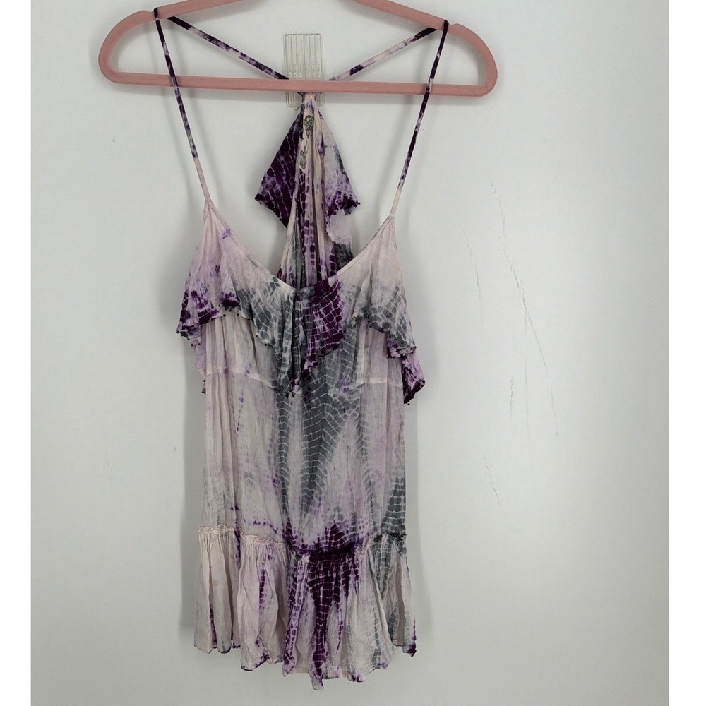 Free People Purple Alligator Tie Dye Racerback Tank Top Ruffle Peplum Large